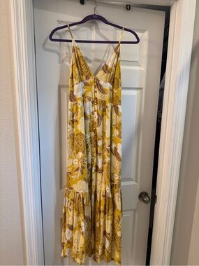Abercrombie & Fitch Yellow Floral Midi Dress with Brown and White Accents